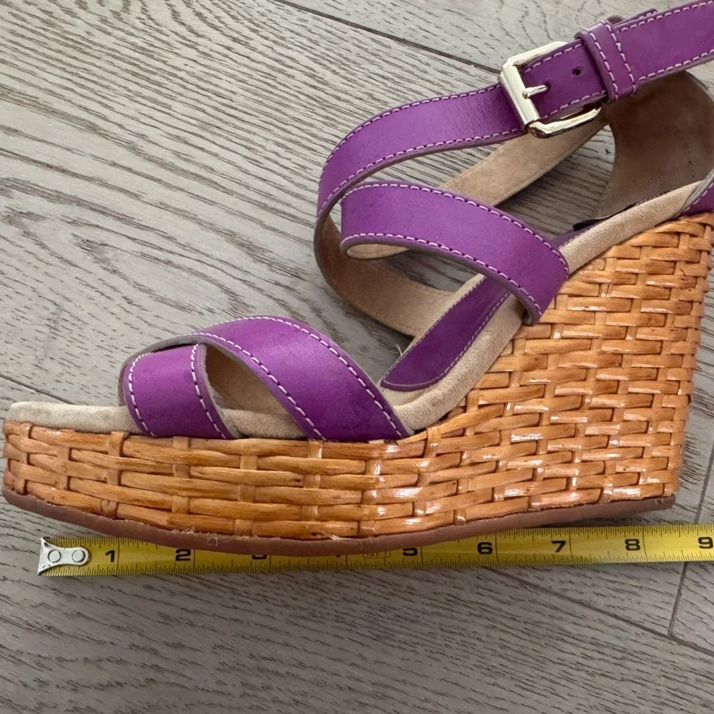 Dolce & Gabbana Purple Leather Ankle Strap Raffia Wedge Sandals Size 37